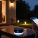 Phone charging on side table with glowing smart home hub and flickering smart lights illustrating convenient geofencing.