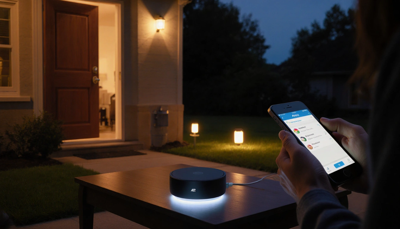 Phone charging on side table with glowing smart home hub and flickering smart lights illustrating convenient geofencing.