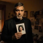 George Clooney holds a framed photo with candles and citylight reflected in a dimly lit room.