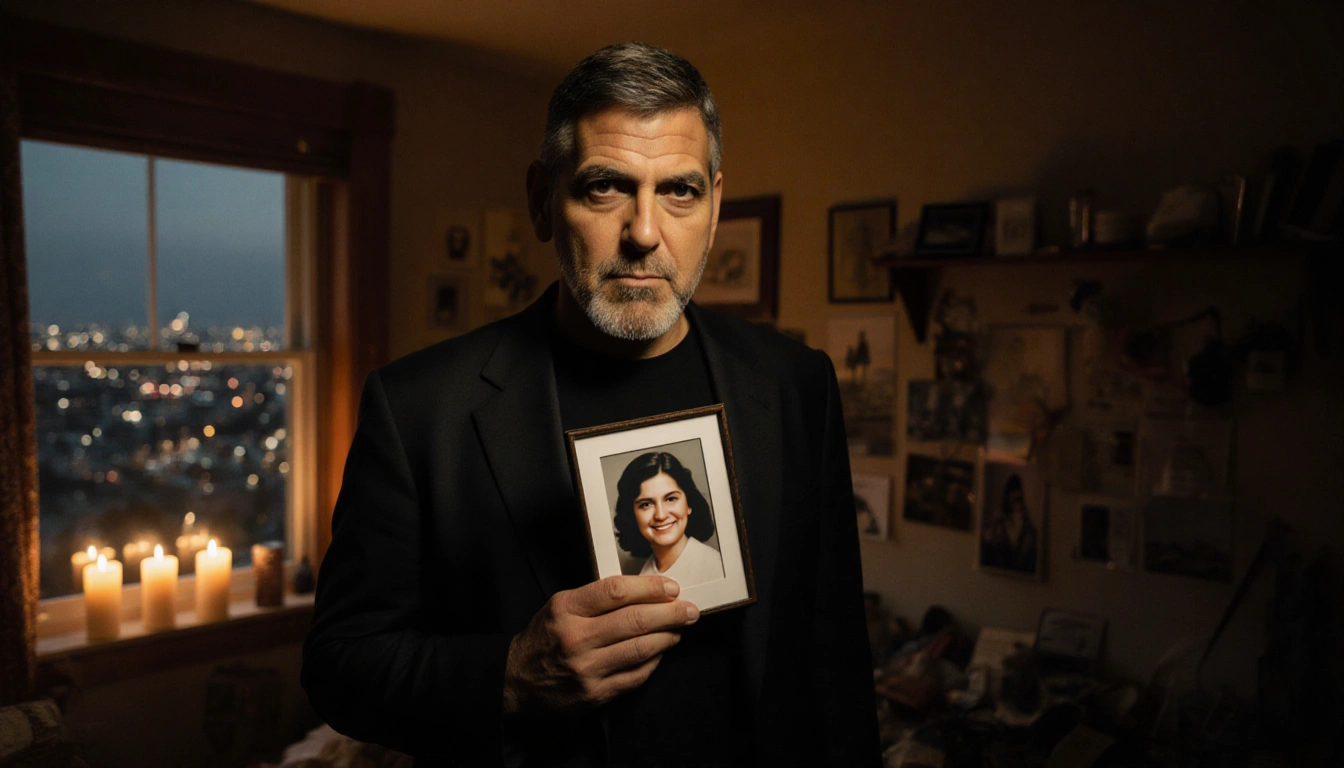 George Clooney holds a framed photo with candles and citylight reflected in a dimly lit room.