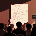 Community members raising signs reading fair maps and gerrymandered near a large Indiana map