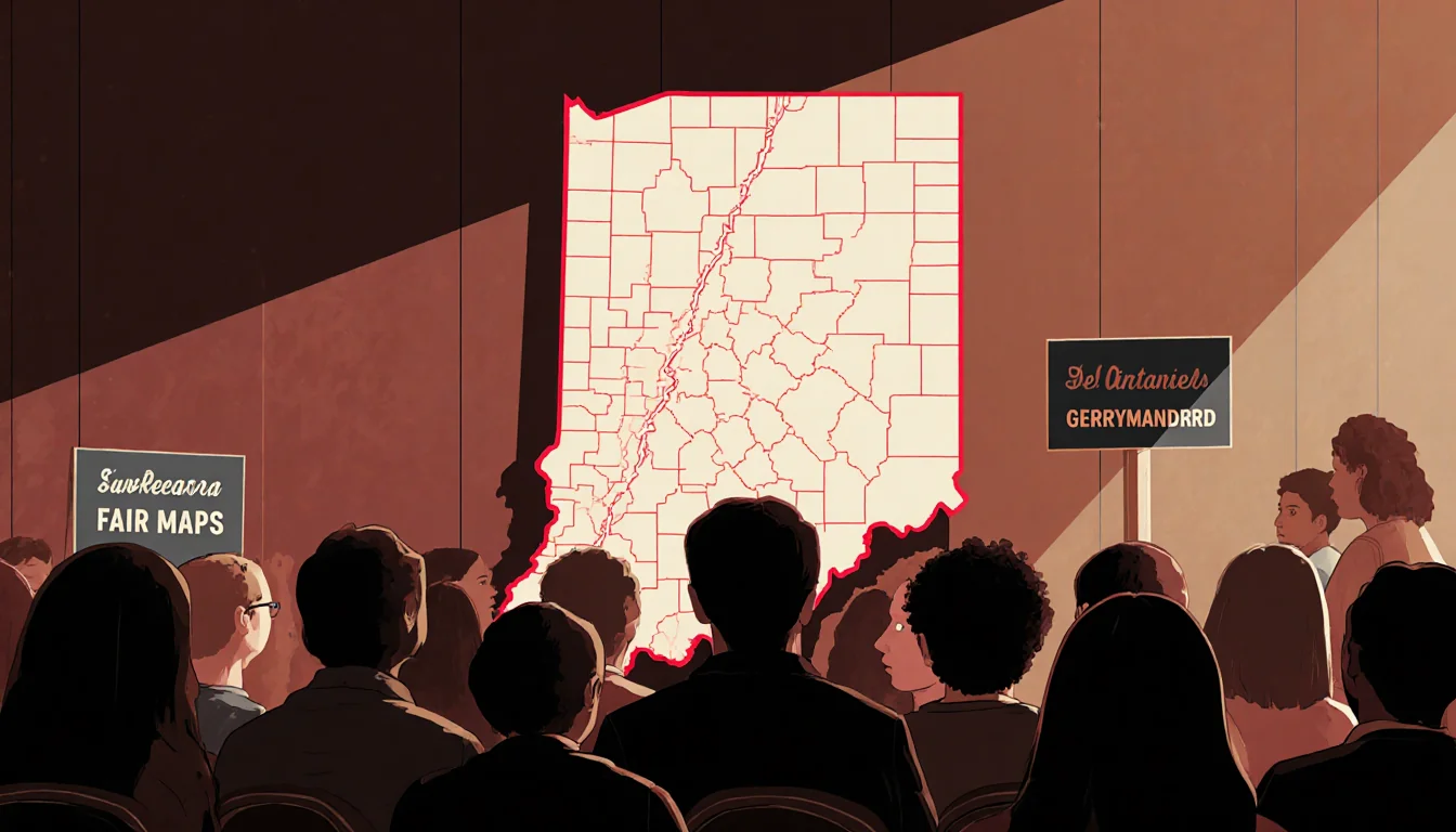 Community members raising signs reading fair maps and gerrymandered near a large Indiana map