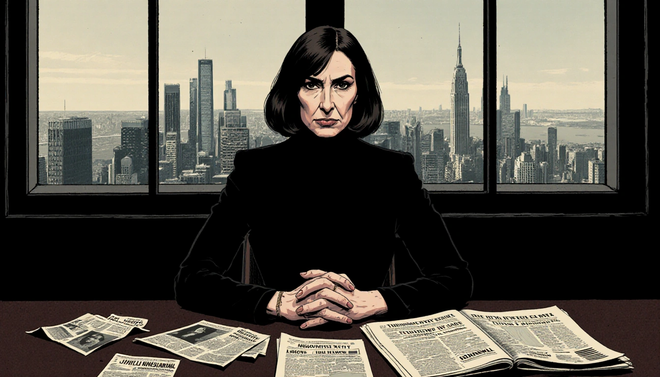 Ghislaine Maxwell sits in courtroom with stern expression and clasped hands and skyline behind her papers scattered