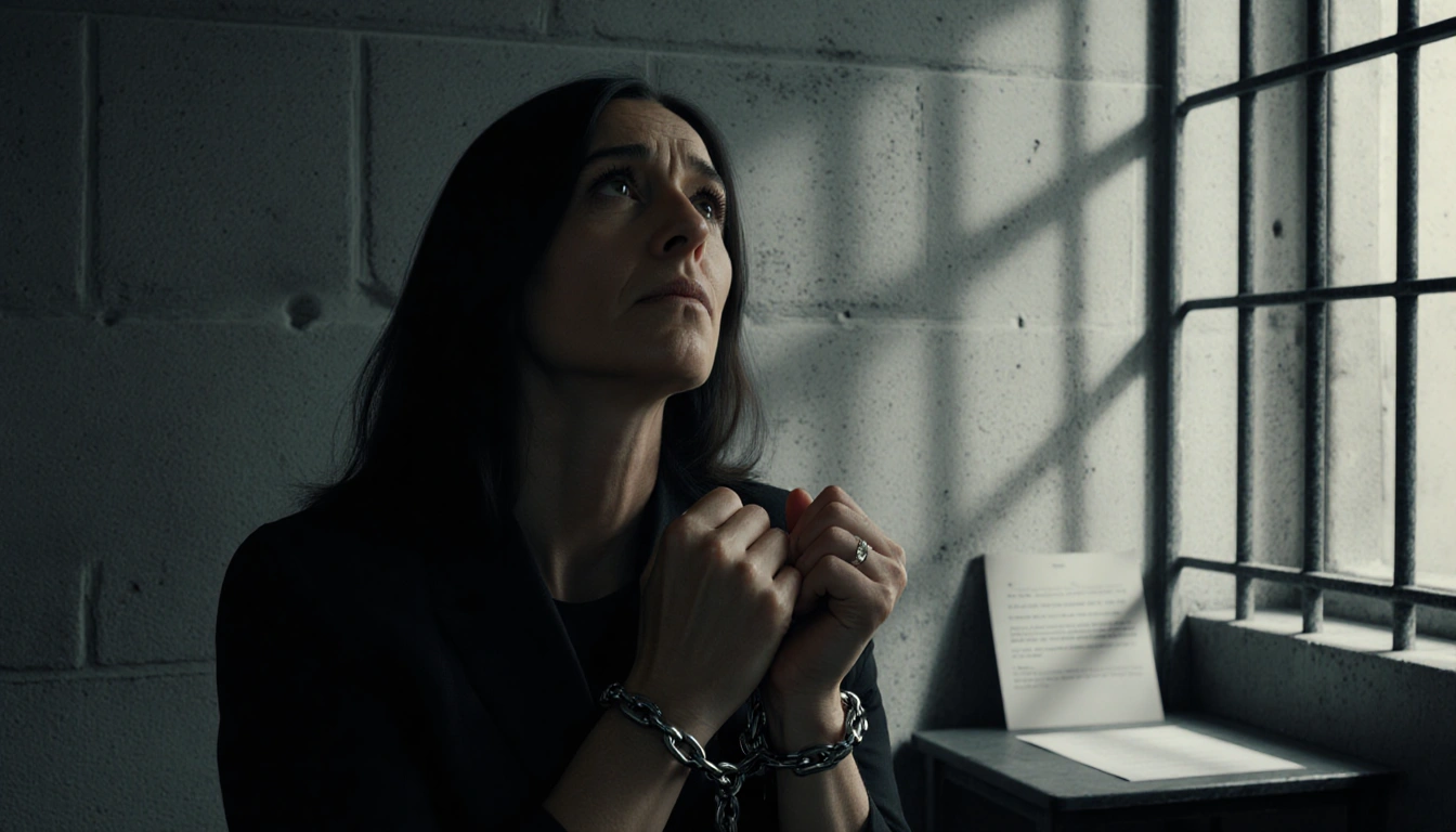 Ghislaine Maxwell looks up at her bound hands and chains in a dim prison cell with a faint petition on a table