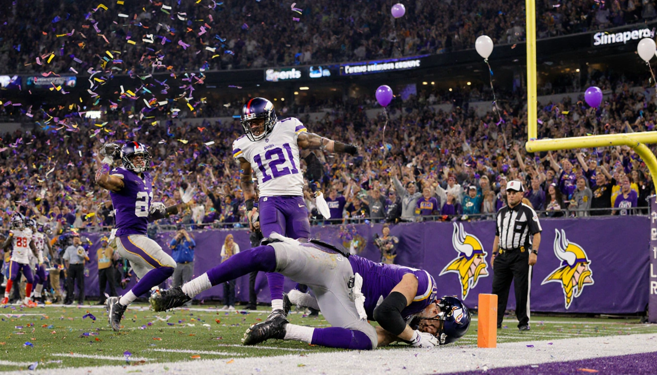 JJ McCarthy lies on NFL field clutching his arm with Max Brosmer takes as backup while Justin Jefferson scores a touchdown am