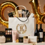 Luxurious gift bag overflowing with exclusive goodies with gold balloons and string lights at the 2026 Golden Globes