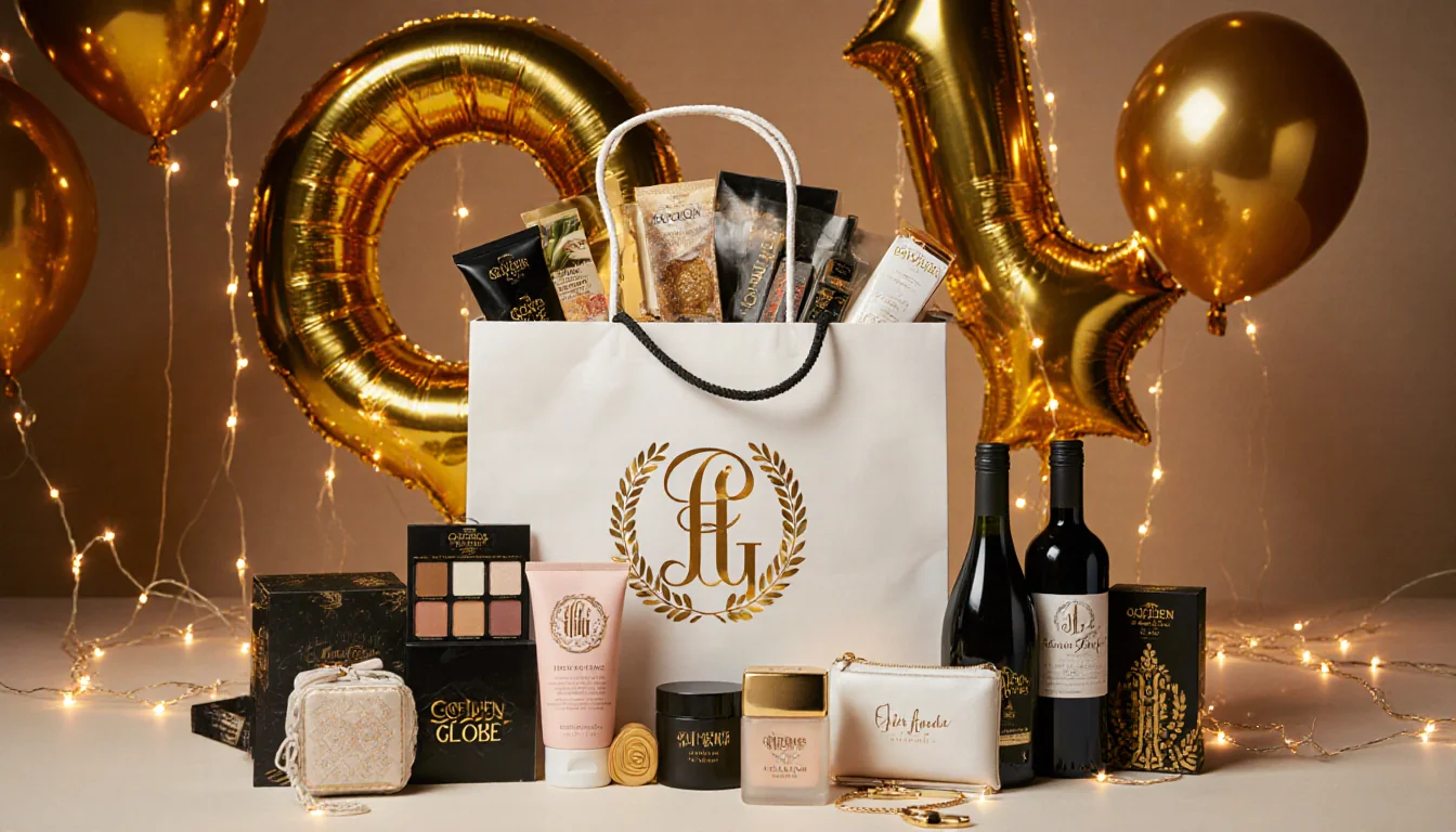 Luxurious gift bag overflowing with exclusive goodies with gold balloons and string lights at the 2026 Golden Globes