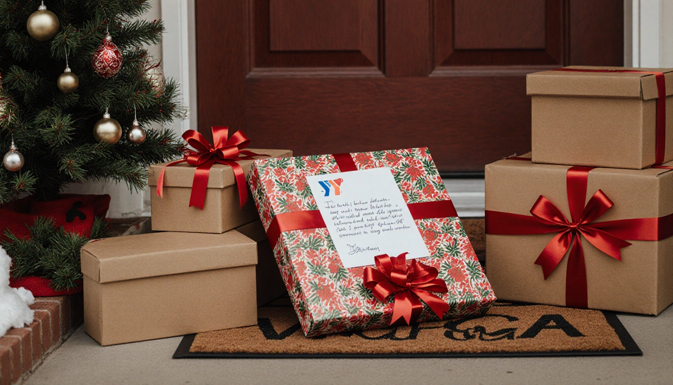 Gift box arrives on doorstep with festive paper and a handwritten YMCA note near a Christmas wreath.