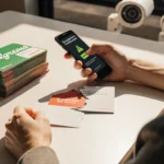 Person holding smartphone showing suspicious alert with expression near partially empty gift card scam in Walgreens store