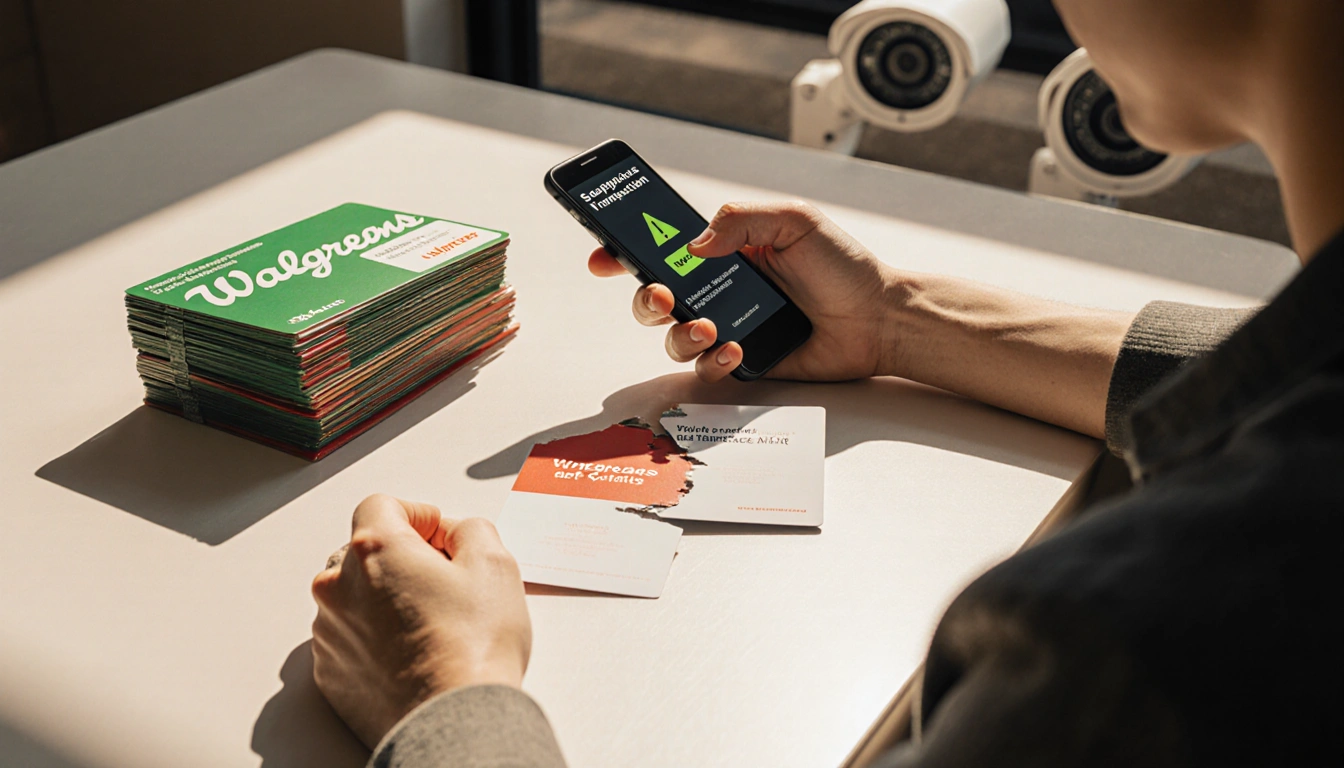 Person holding smartphone showing suspicious alert with expression near partially empty gift card scam in Walgreens store