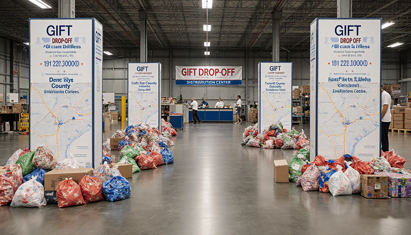 Volunteers sorting donation bags near a checkout counter with warehouse signs for Dallas, Tarrant, Collin, Ellis