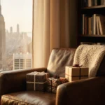 Living room shows bookshelf with gift‑wrapped presents and leather armchair draped with throw blanket and golden light outsid