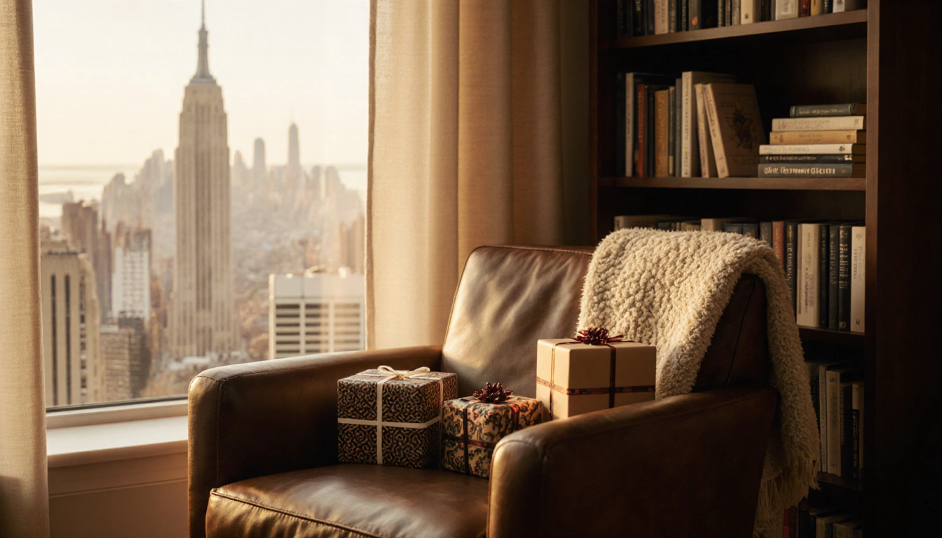 Living room shows bookshelf with gift‑wrapped presents and leather armchair draped with throw blanket and golden light outsid
