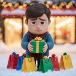 Person holding a colorful holiday gift with frustration and shopping bags at feet amid glowing city lights.