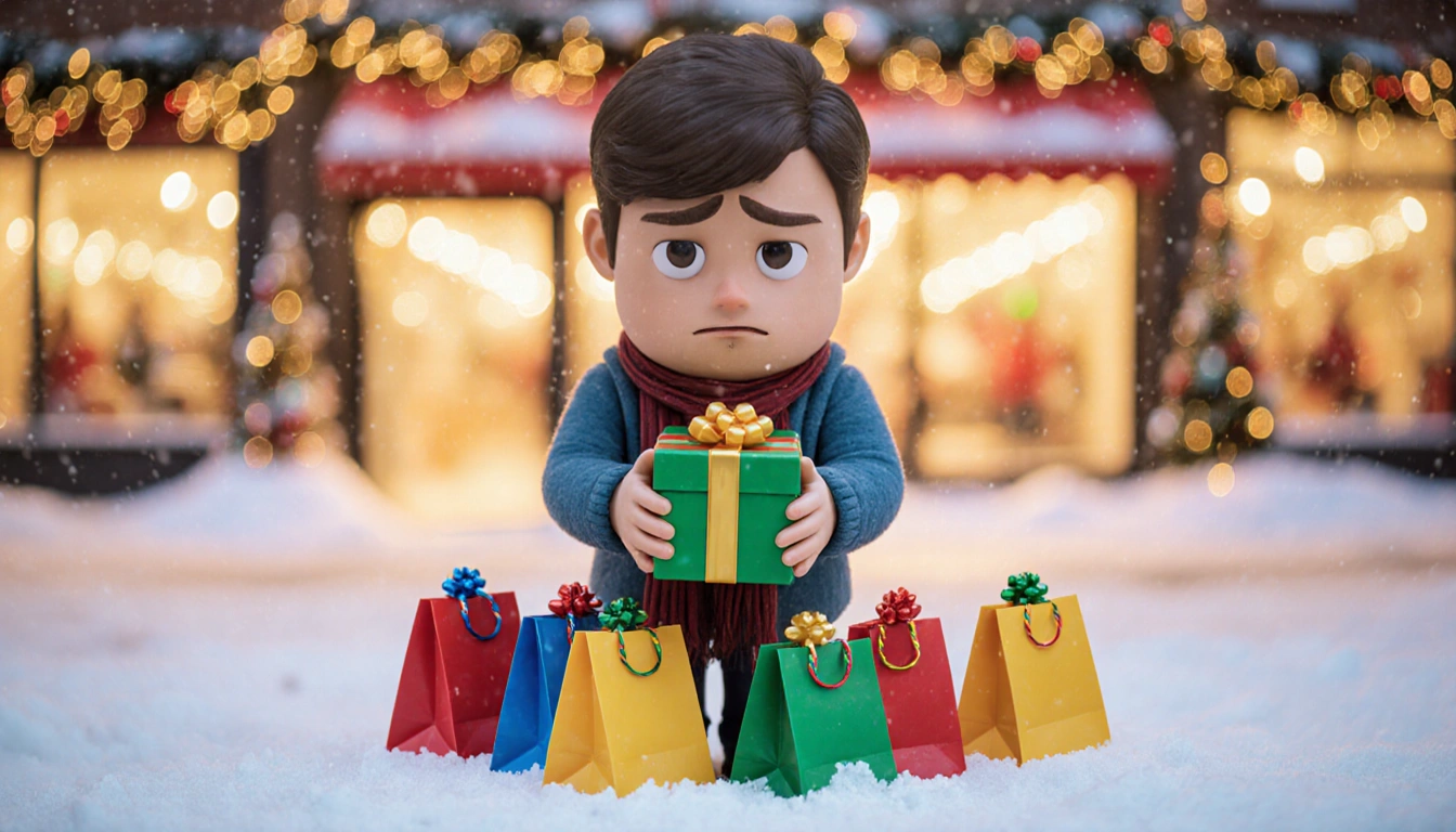 Person holding a colorful holiday gift with frustration and shopping bags at feet amid glowing city lights.
