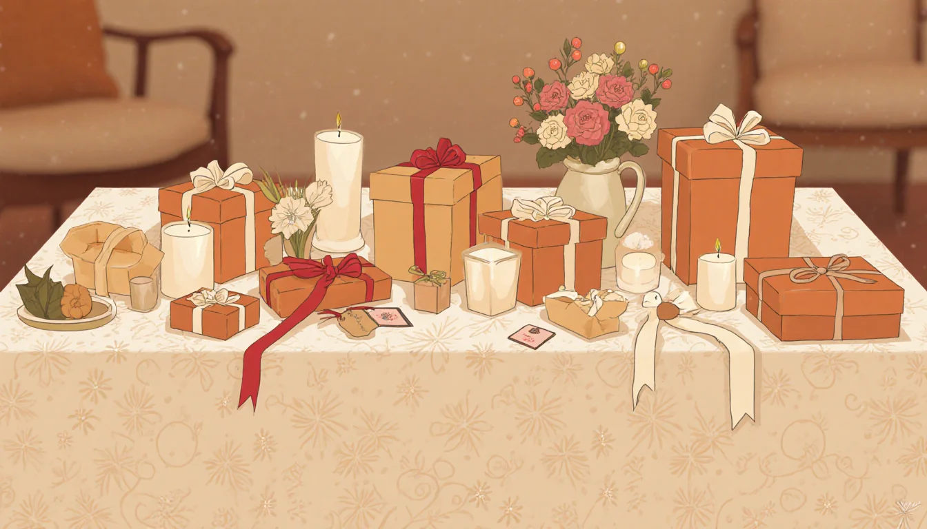Gift table arranged with wrapped gifts and candles and flowers creating a cozy symmetrical scene