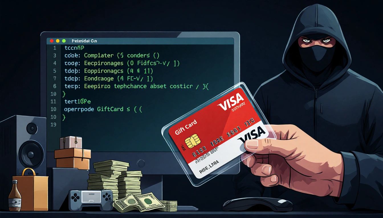 Thief holding a resealed gift card with stacks of cash and electronics at a black market night scene.