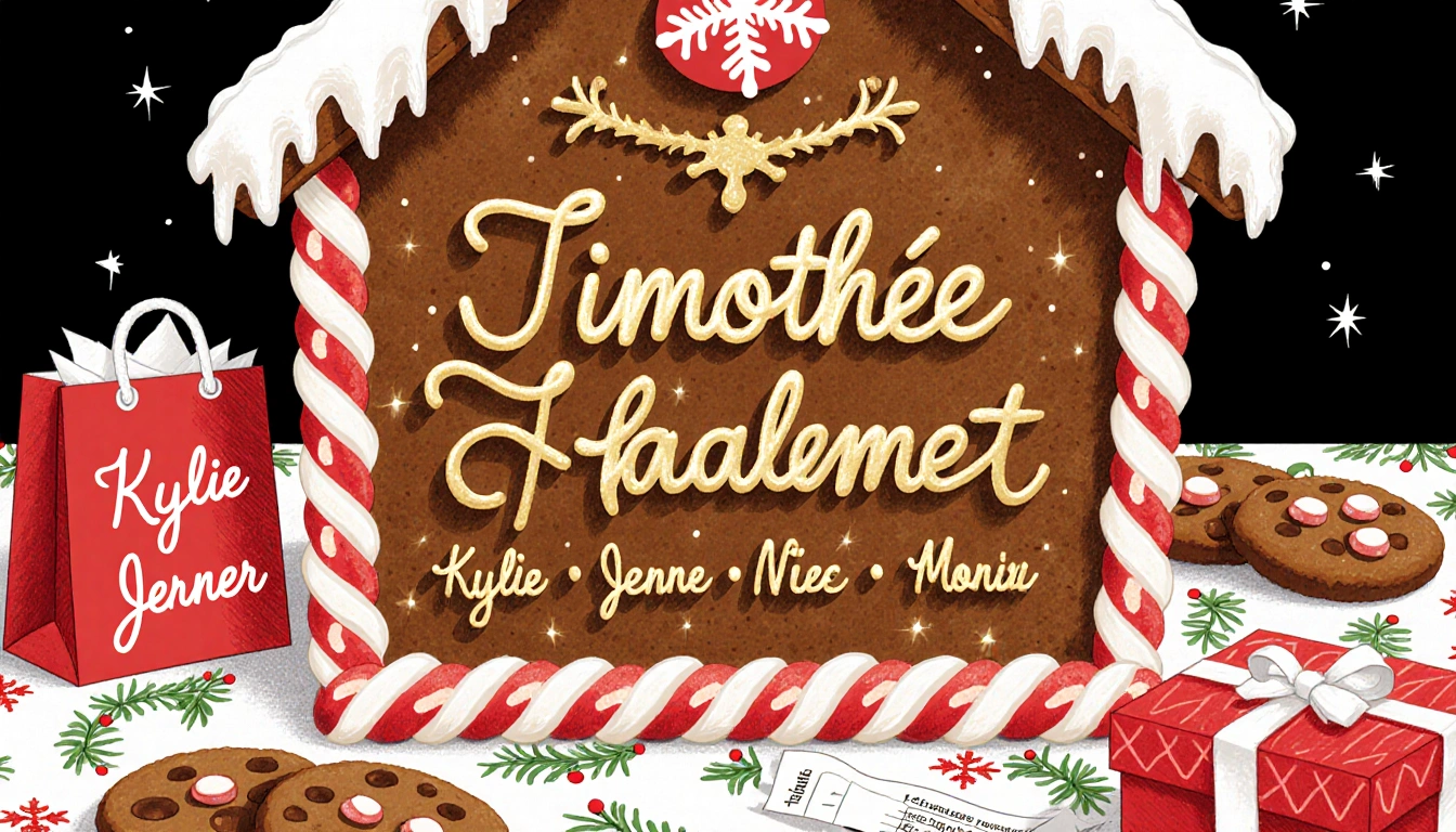 Gingerbread house on holiday tablecloth with golden cursive name and candy cane details and a shopping bag nearby