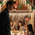Timothée Chalamet standing beside a gingerbread house with Kourtney Kardashian and children sharing holiday cookies.