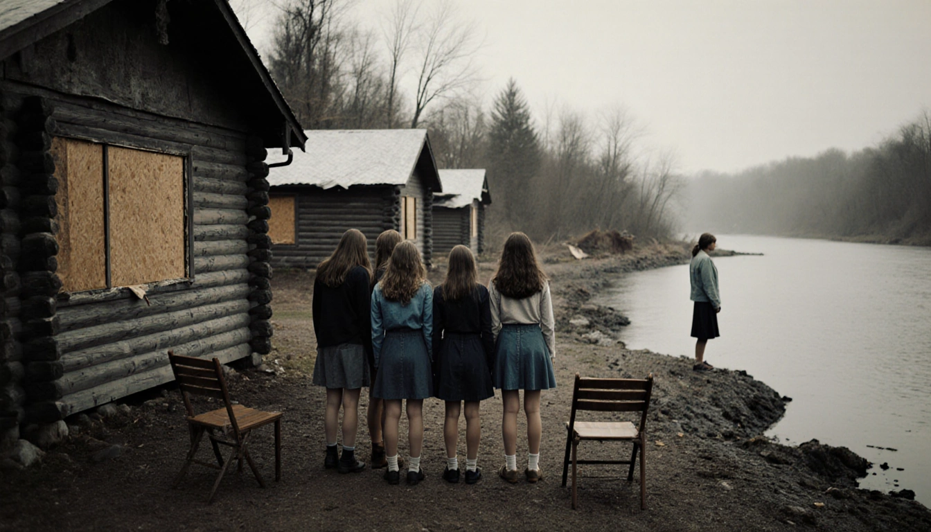 Six girls standing behind a cabin with boarded windows looking toward a river and empty chairs in front