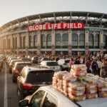 Cars wrap around Globe Life Field forming a holiday ribbon with smiling faces inside and trucks loaded with food nearby