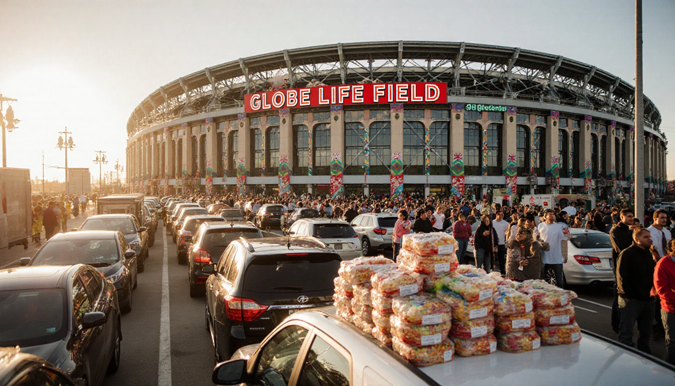 Cars wrap around Globe Life Field forming a holiday ribbon with smiling faces inside and trucks loaded with food nearby