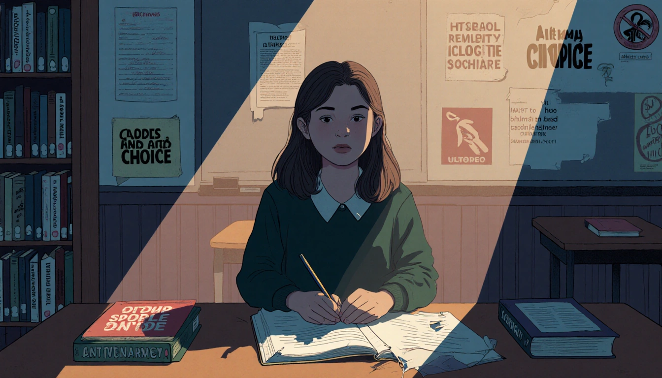 Teen Glover sits alone in a library with warm light and torn notebook pages showing her isolation among pro‑choice books.