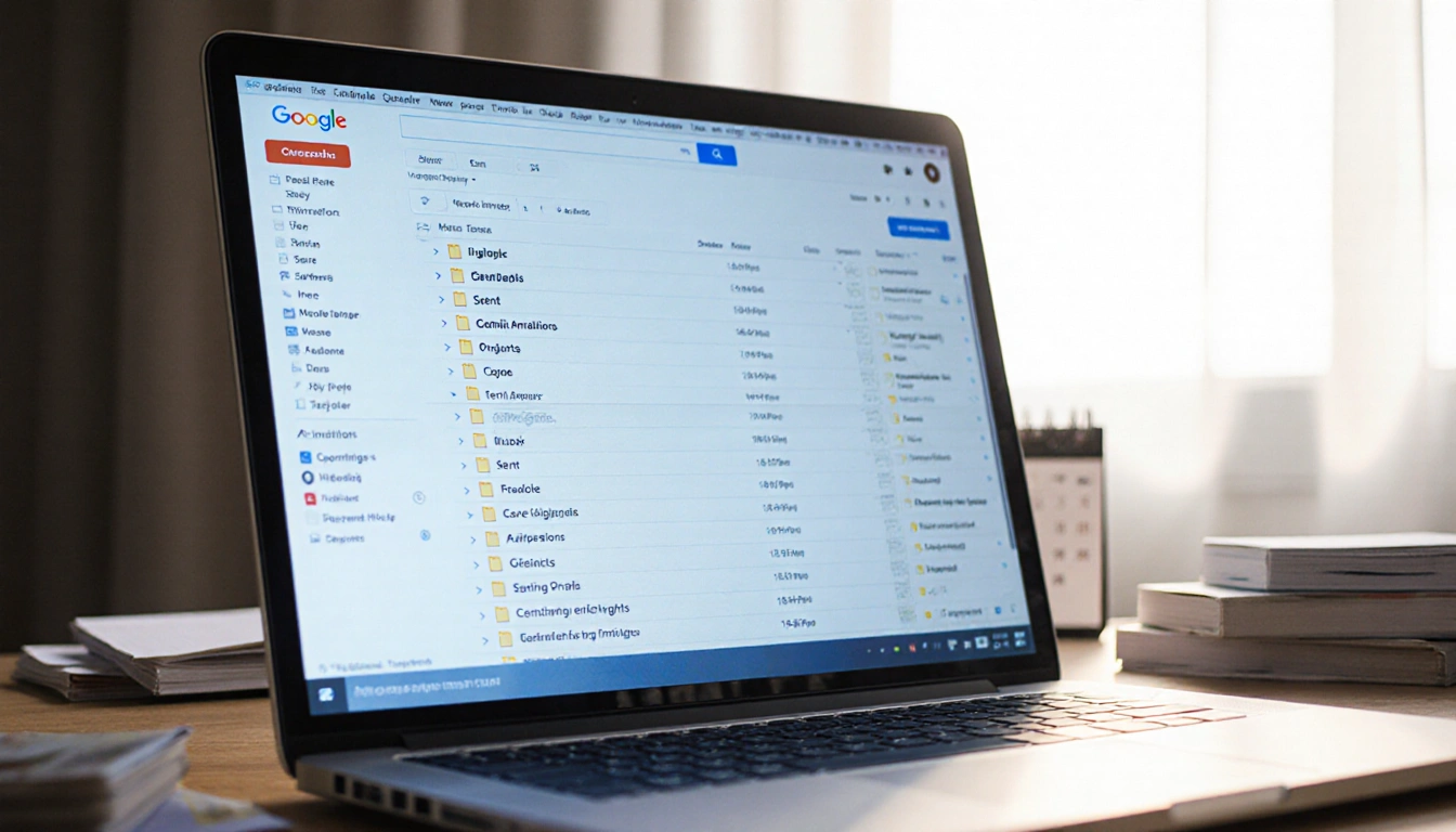 Gmail inbox showing 15 empty folders view of 75k emails in calm blue tones email migration workspace