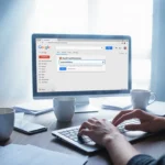 Person typing on laptop with Gmail inbox and email address visible and natural light from window.