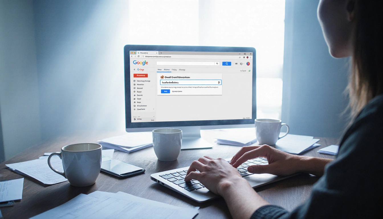 Person typing on laptop with Gmail inbox and email address visible and natural light from window.