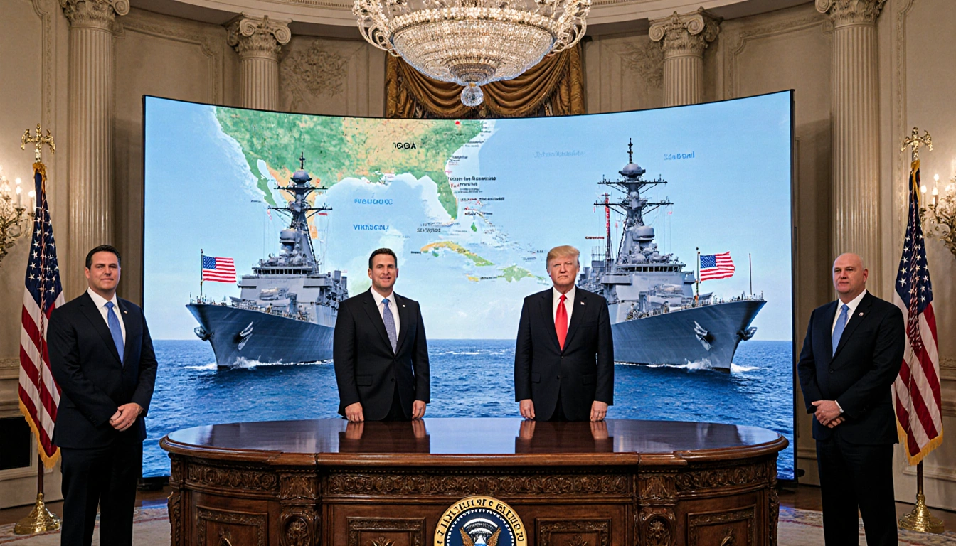 Three U.S. Secretaries stand at a grand wooden table in a Mar-a-Lago room with warships and a Caribbean map behind them