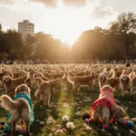Golden retrievers wagging tails with sunrise glow on green park and playful dogs in colorful costumes in foreground