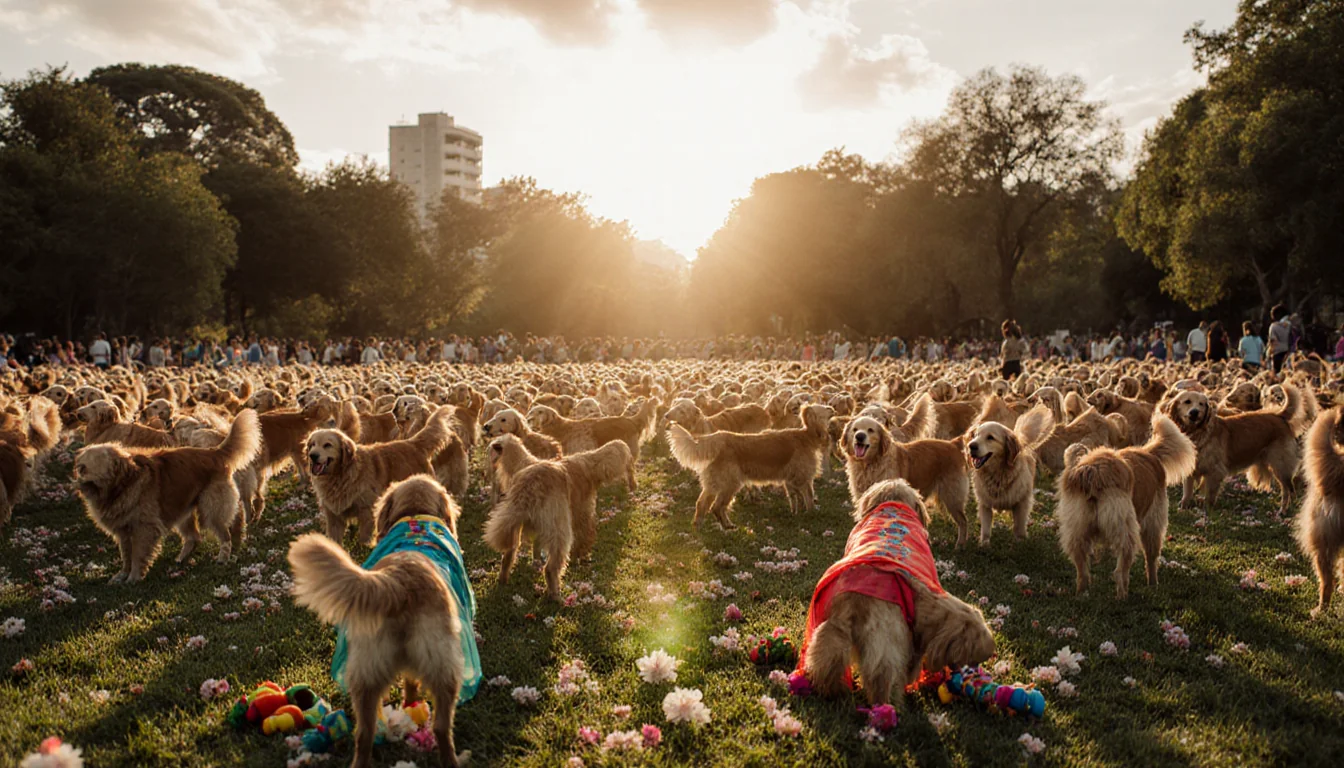 Golden retrievers wagging tails with sunrise glow on green park and playful dogs in colorful costumes in foreground