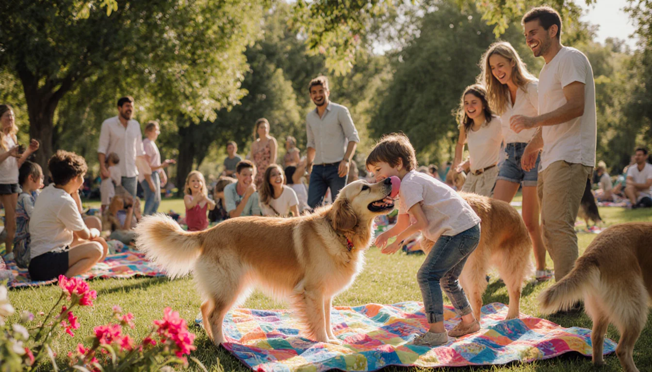 Golden retriever licking child's face with sunlit park background and vibrant picnic blankets