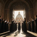 Choir students gather around an ornate door holding music with golden light spilling from it near St. Peter