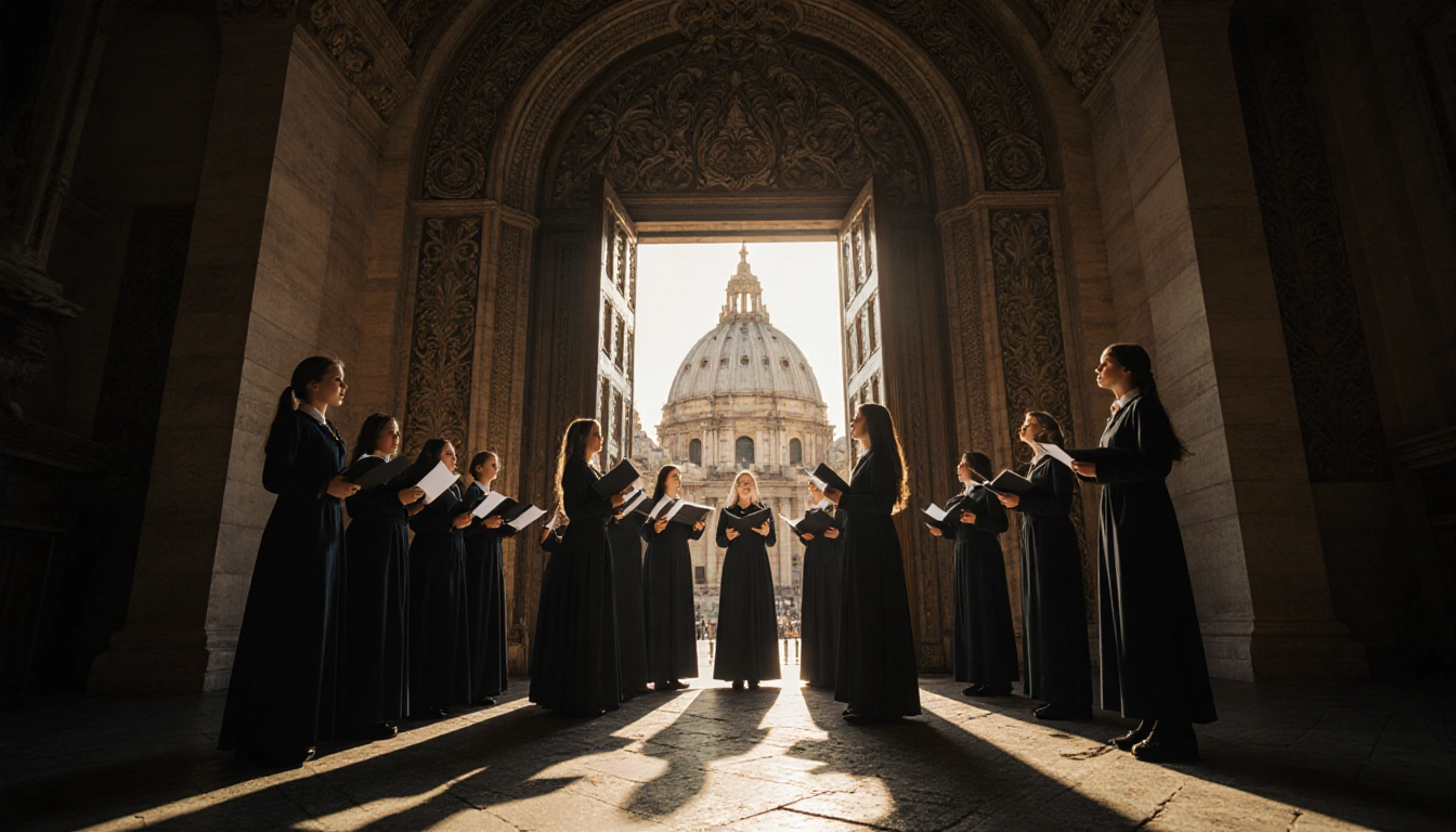 Choir students gather around an ornate door holding music with golden light spilling from it near St. Peter
