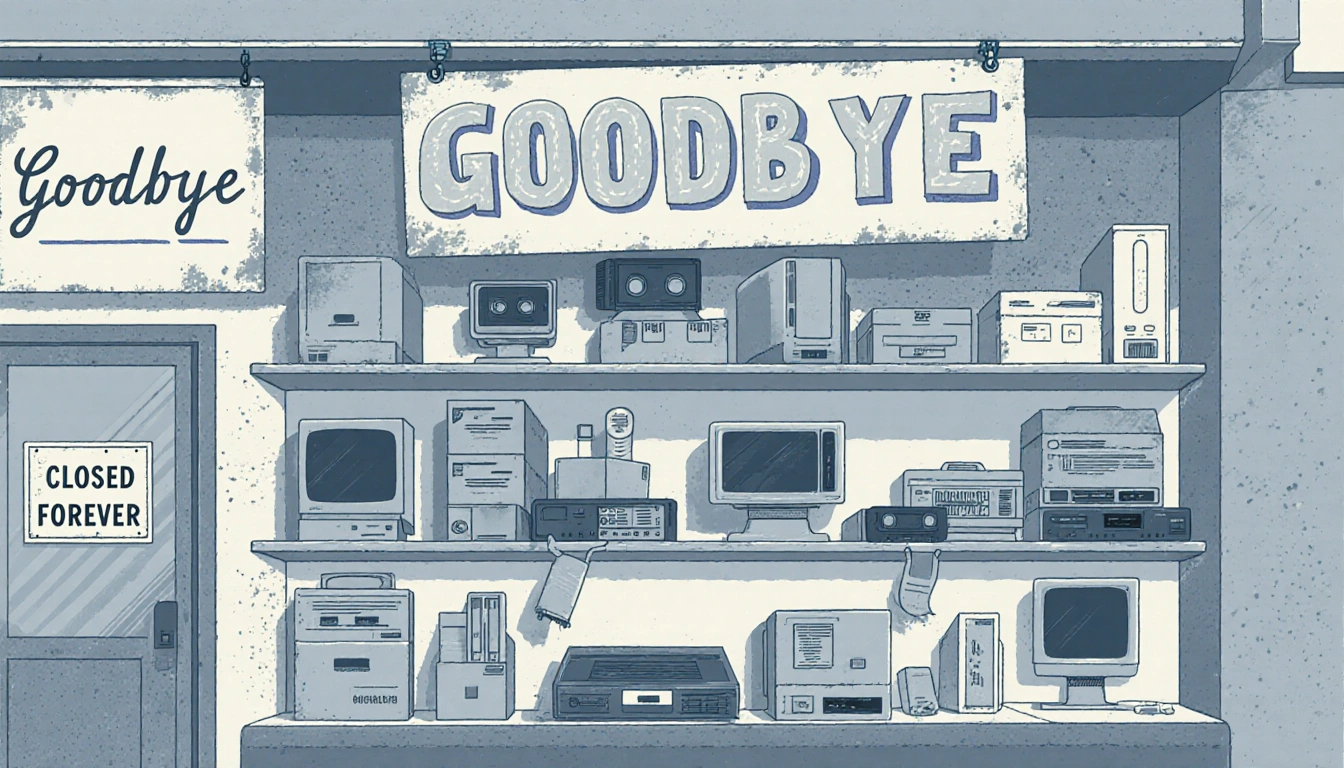 Shelf clearing retired tech with boxed computers and VHS tapes in muted pastel tones near faded sign reading Closed Forever