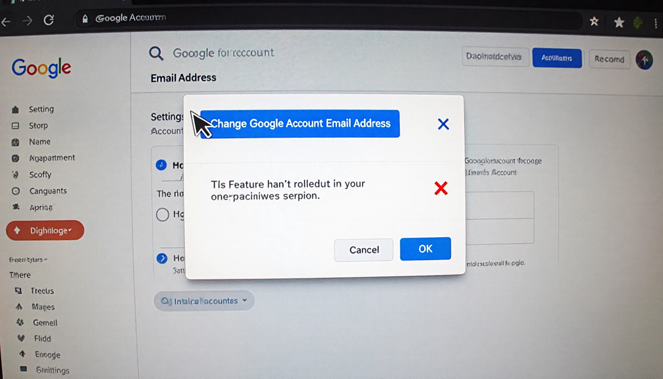 Button highlighted with cursor hovering and red X indicating region restriction on Google account settings