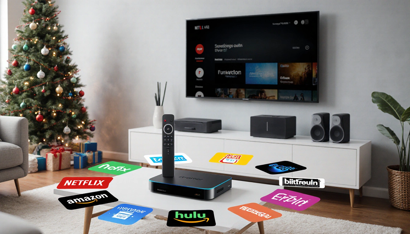 Google TV Streamer 4K streaming to multiple TVs in a sleek living room with holiday decorations around it