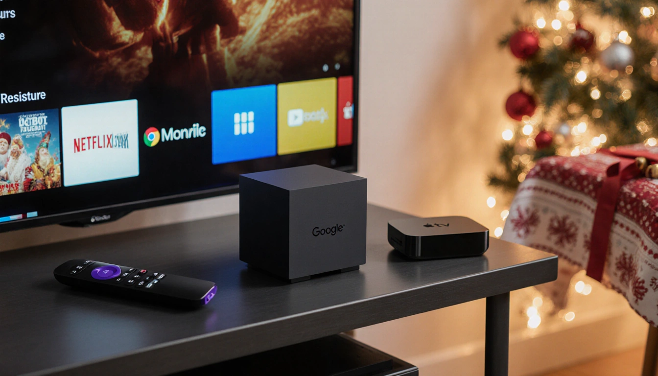 Google TV Streamer sits on a TV stand surrounded by Roku Chromecast and Apple TV with lighting and a holiday tablecloth behin