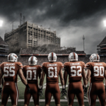 Gordon Longhorns football team standing proudly together with stadium lights and a stormy sky in background.