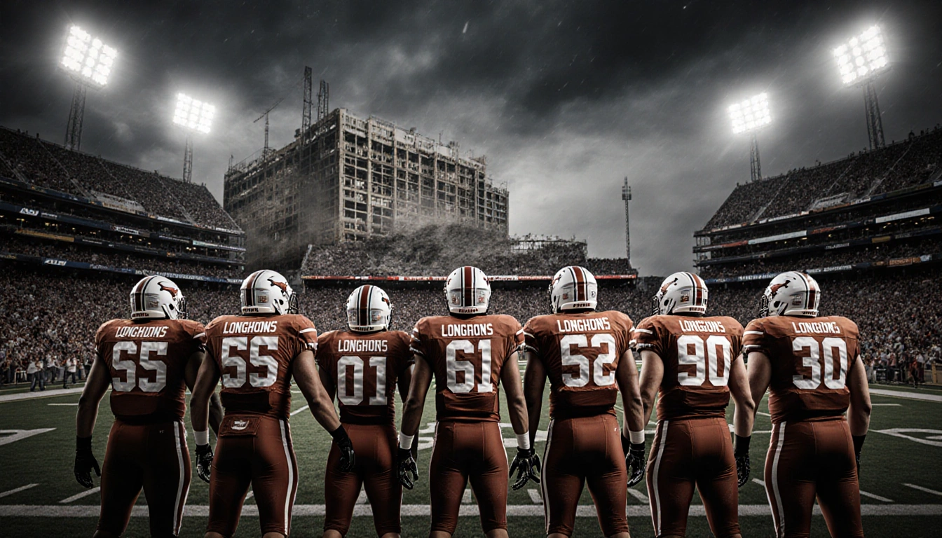 Gordon Longhorns football team standing proudly together with stadium lights and a stormy sky in background.