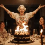 Grandmother standing triumphantly over charred birthday cake with flames licking edges and family watching