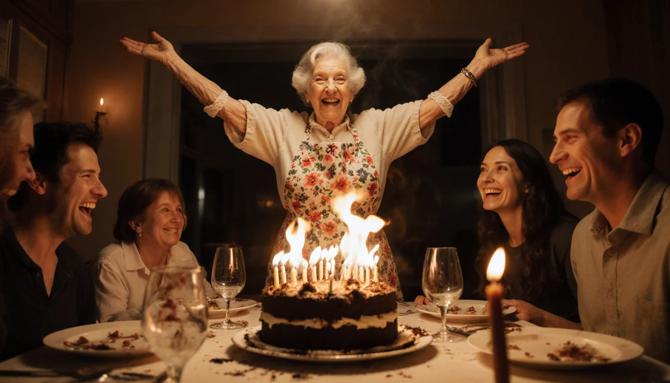 Grandmother standing triumphantly over charred birthday cake with flames licking edges and family watching