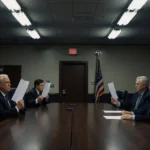 School officials holding voting papers at a wooden table with two empty chairs for closed schools and a dim hallway behind.