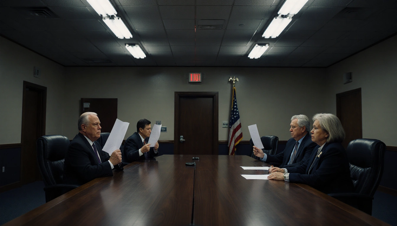School officials holding voting papers at a wooden table with two empty chairs for closed schools and a dim hallway behind.