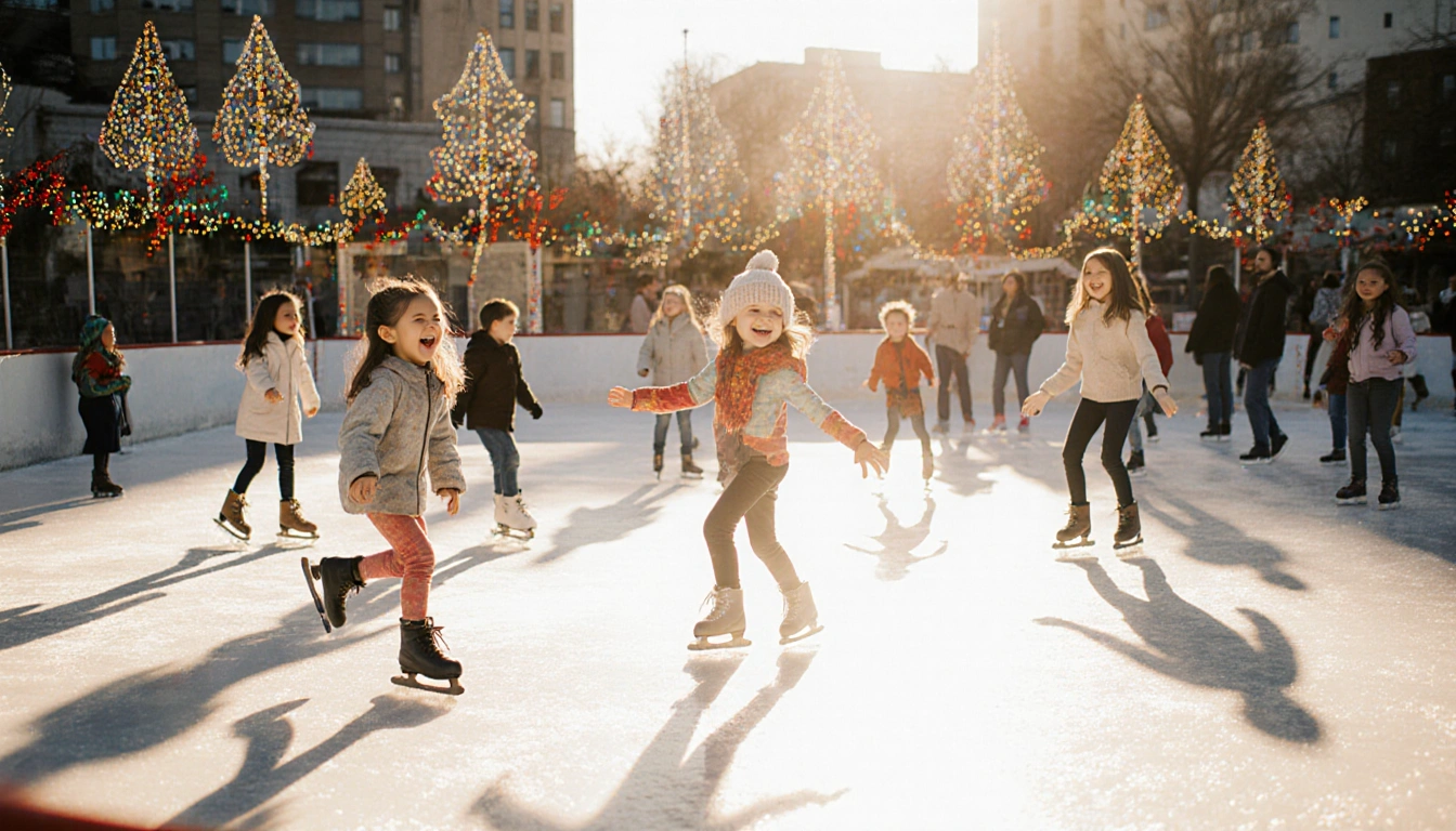 Children skating on an ice rink with bright smiles under a blazing Texas summer sun and twinkling lights.