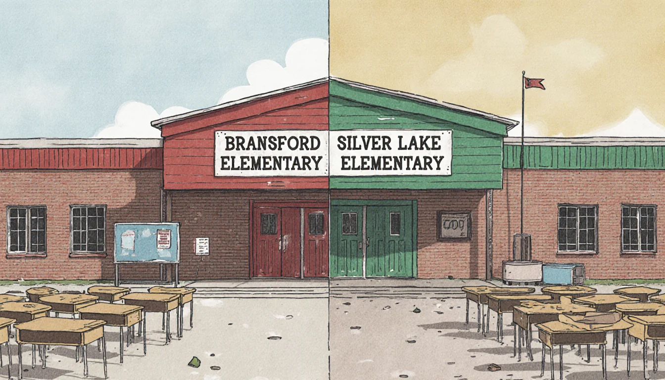 Split-screen illustration of merged schools with empty classrooms and faded signage in muted colors