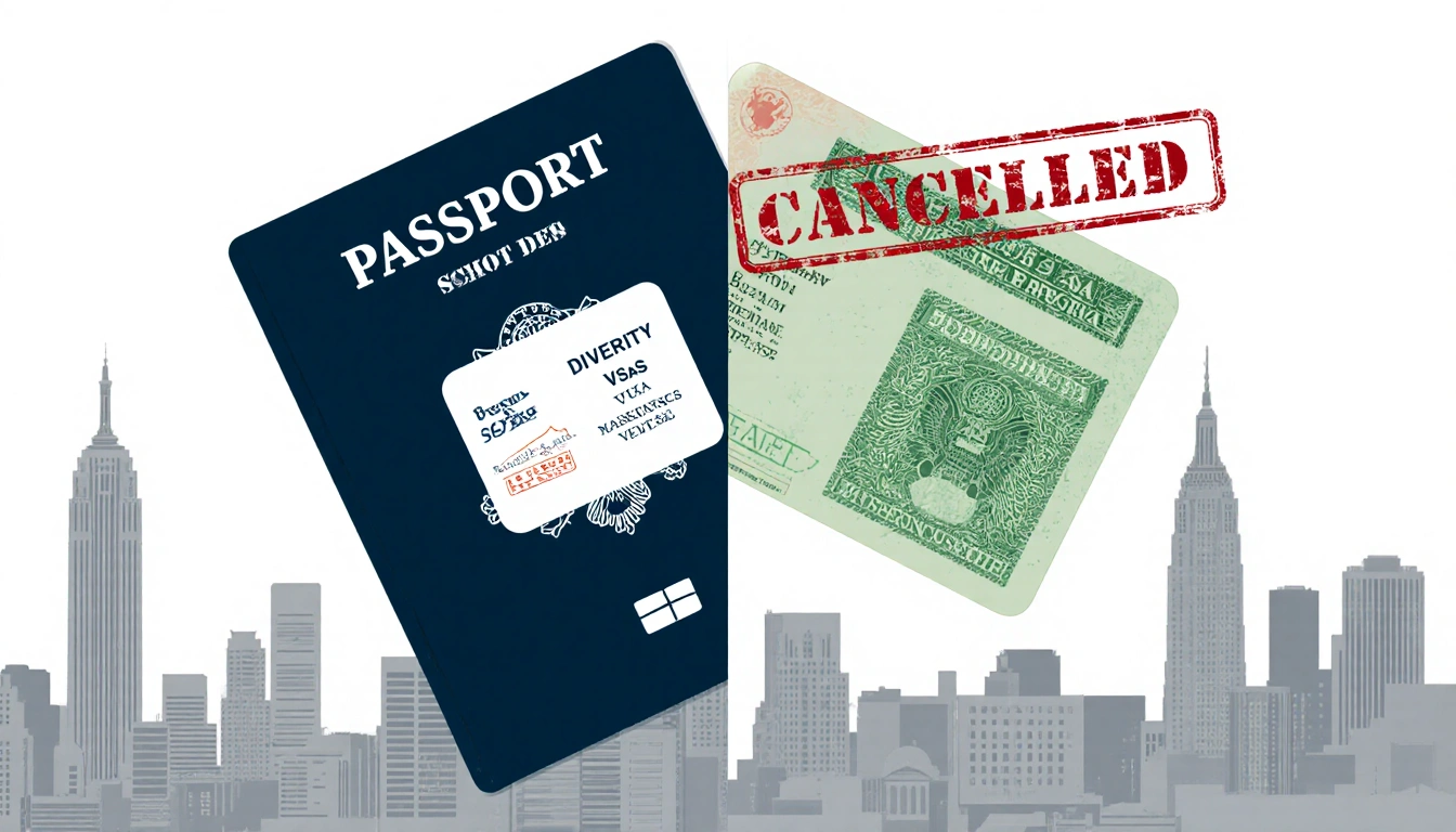 Green card appears with faded edges and a U.S. passport beside it with a Diversity Visa sticker and Boston skyline behind.