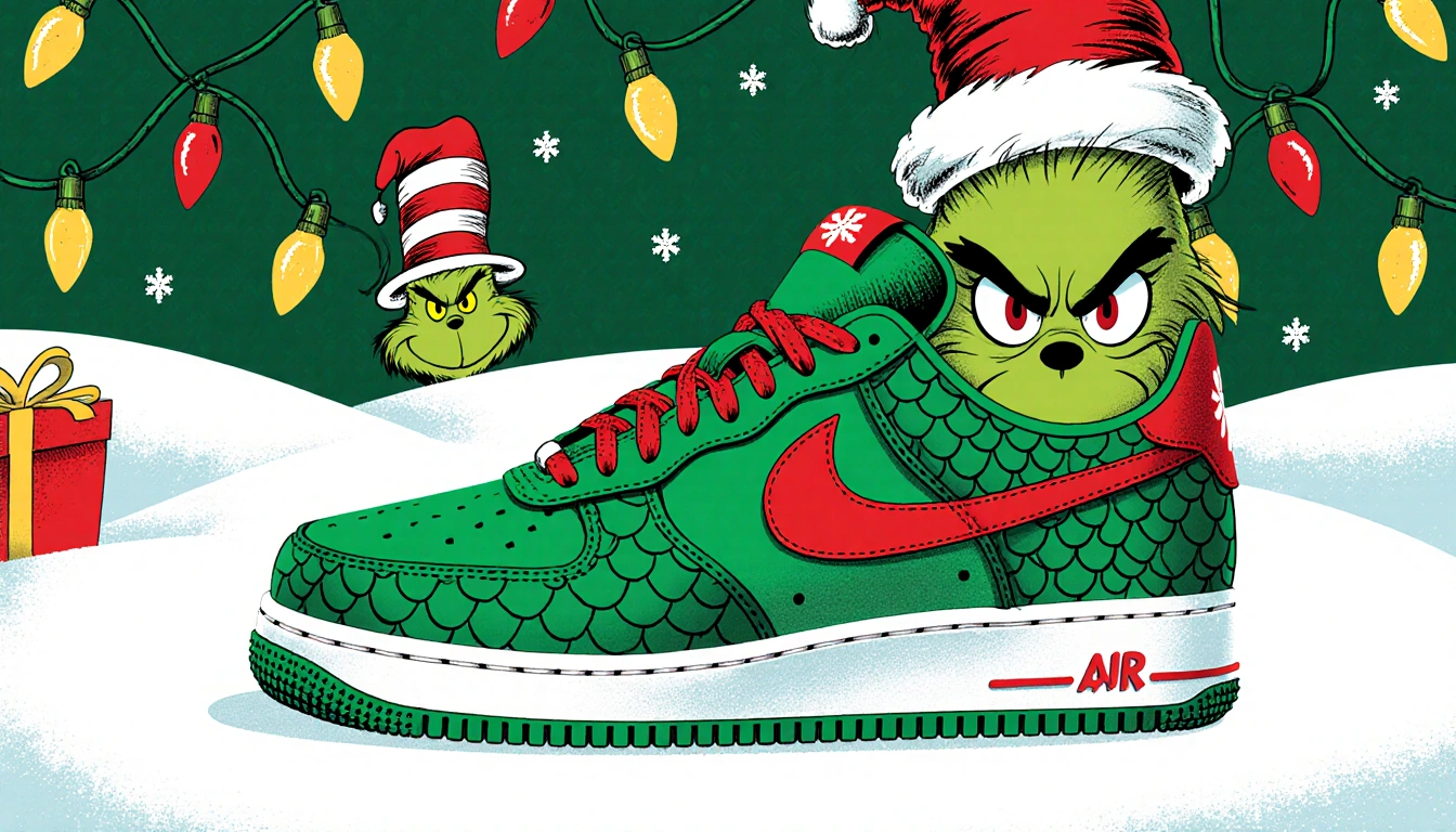 Green Mamba sneakers showing two-toned green scales and red logo with Christmas lights and a Grinch peeking out